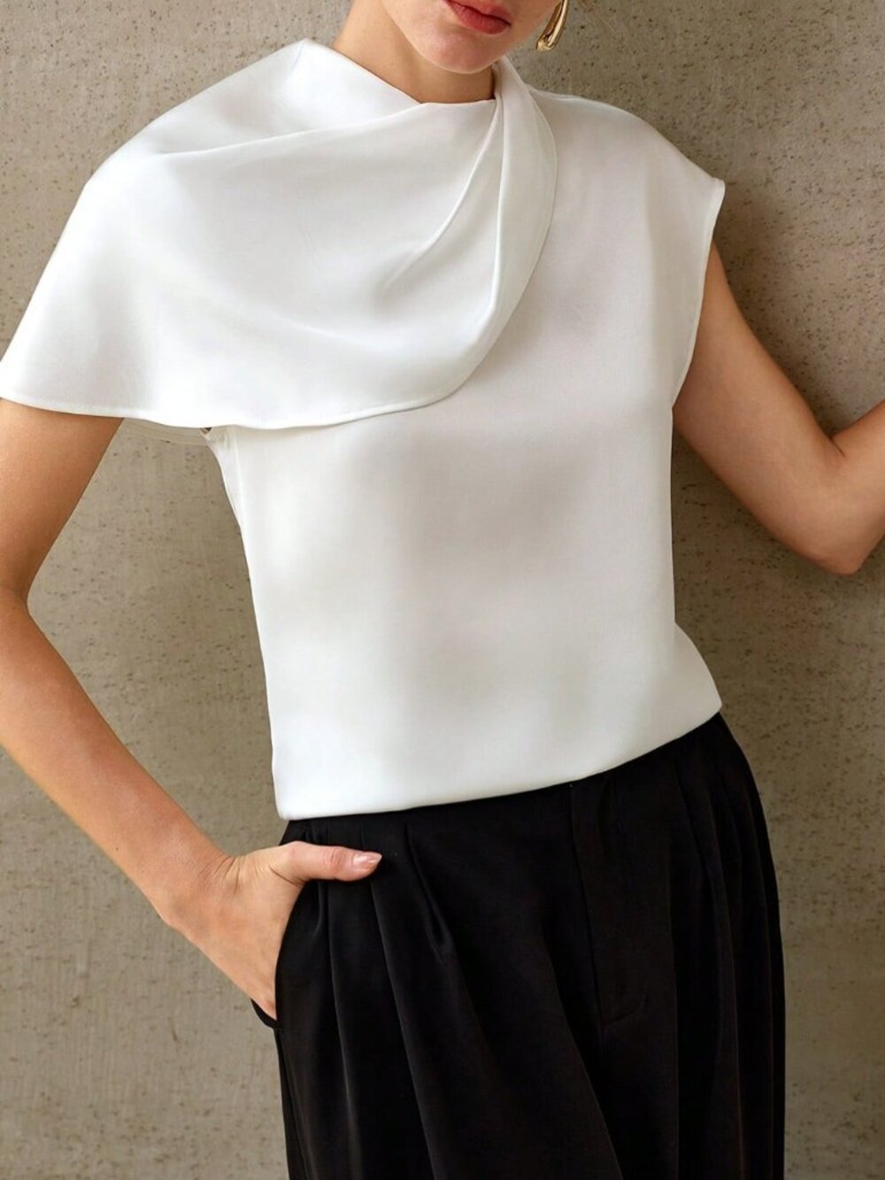 White Elegant Women's Satin Asymmetrical Cowl Neck Blouse